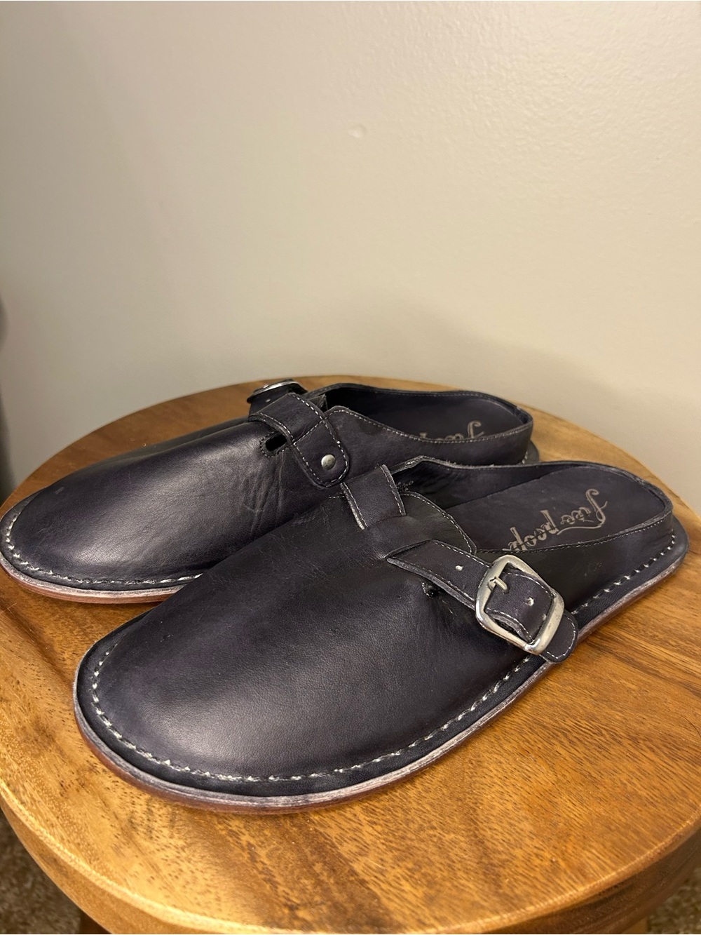 Free People Black Leather Slip-On Mules with Buckle